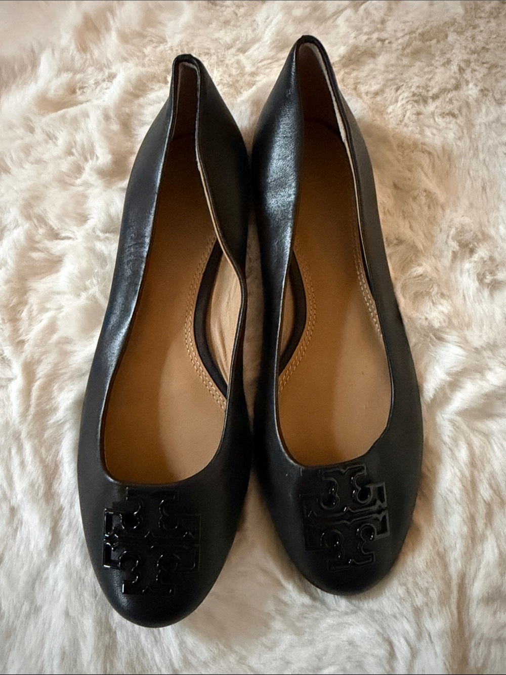 Tory Burch Black Leather Logo Ballet Flats